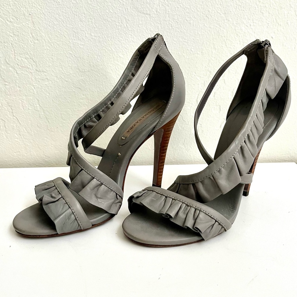 BCBG Max Azria Grey Leather Strappy Rear Zipper-Up Heels